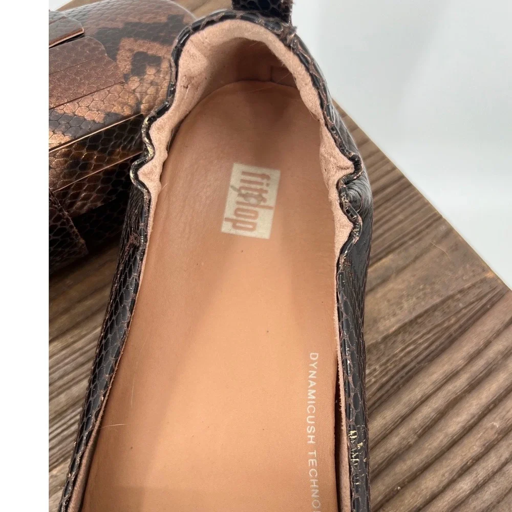 FitFlop Allegro Bronze Snakeskin Metallic Leather Buckle Kiltie Loafers Womens 9